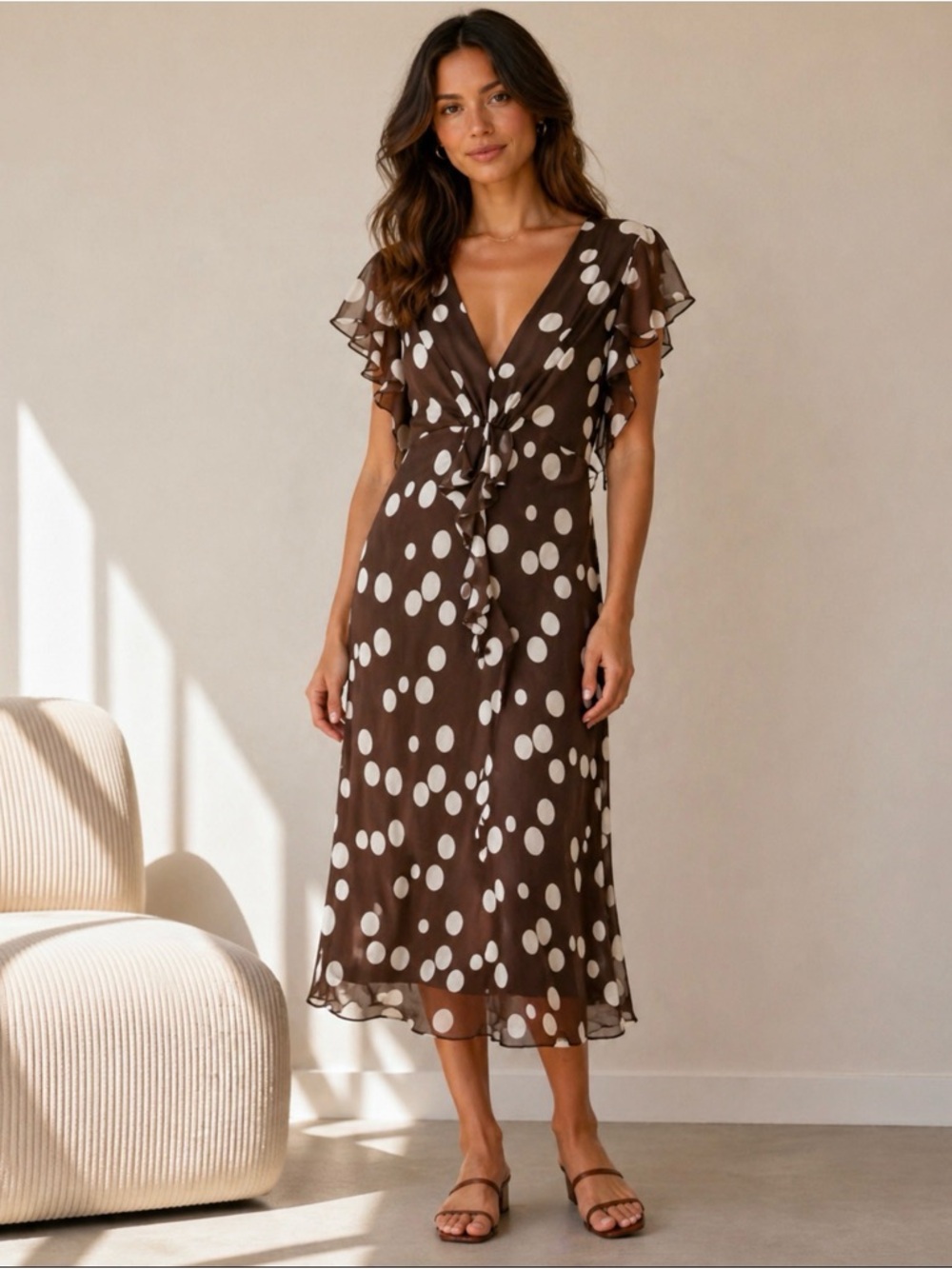 VINTAGE Y2K 90's MSK chocolate Brown polka dot  flutter sleeve poly midi dress